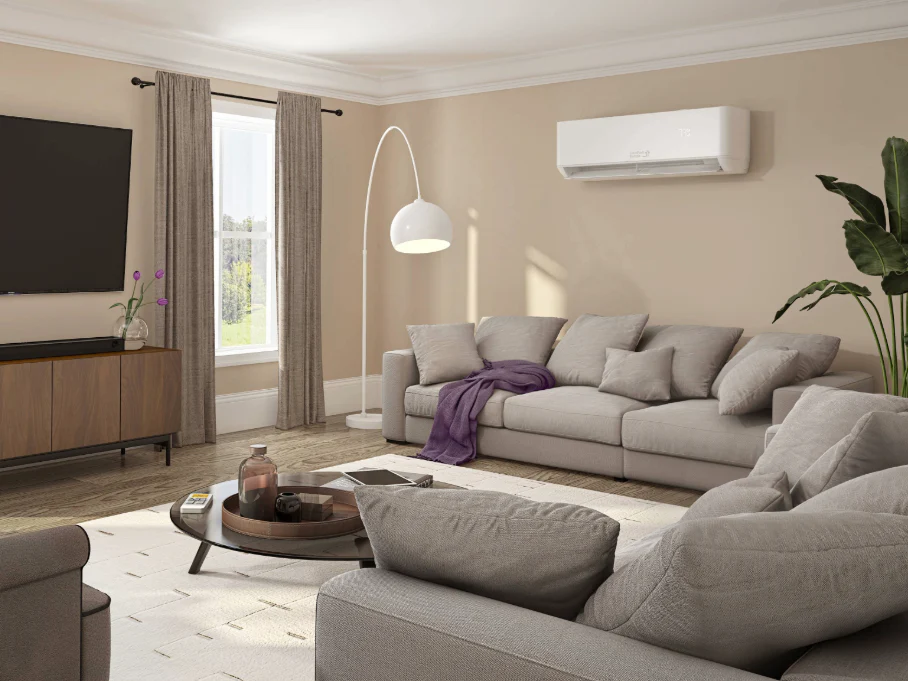 Comfort Temps Elite Series 9000 BTU mini split AC in living room - Quiet ductless air conditioning for Texas homes